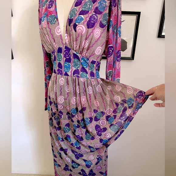 Vintage RARE Louis Feraud Floral Plunging Maxi Dress Size 40/S - Picture 5 of 6